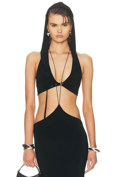 Grace Ling Belted Hood Bralette Top in Black - Black. S also in XS