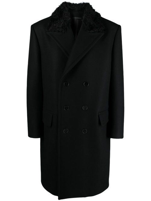 Double-breasted fur-collar coat - Black