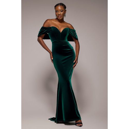 Goddiva Off The Shoulder Deep Plunge Velvet Maxi Dress - Emerald Green