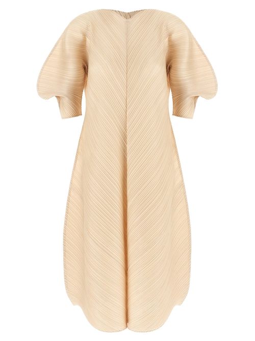 Pleated Sculptural-Sleeve Dress — Cream