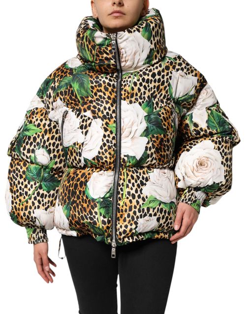 Leopard Floral Print Down Jacket — Multicolor