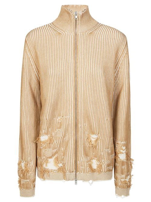 Ribbed Distressed Zip-up Cardigan