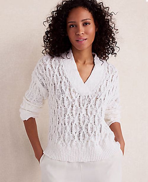 Ann Taylor Haven Well Within Slubby Cotton Linen V-Neck Sweater