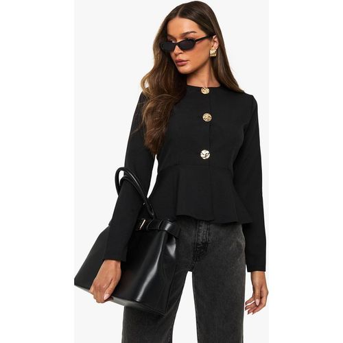 Boohoo Women's Gold Button Peplum Tailored Top in Black