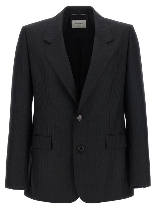 Pinstripe Wool Blazer — Black