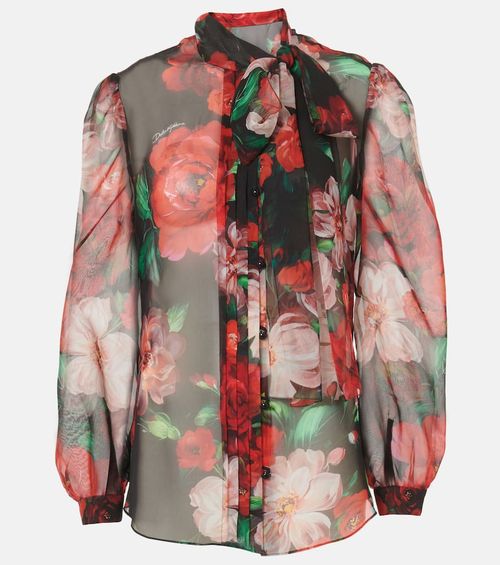 Floral tie-neck silk organza shirt