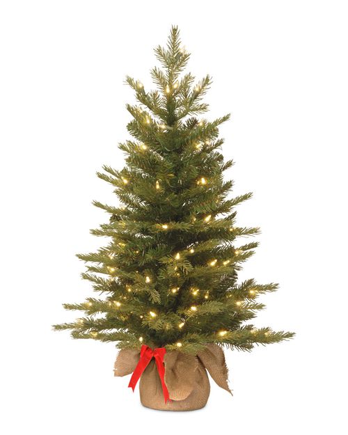 3ft Feel-Real(R) Nordic Spruce Tree in Burlap Base with 50 Warm White Battery Operated LED Lights with Tim
