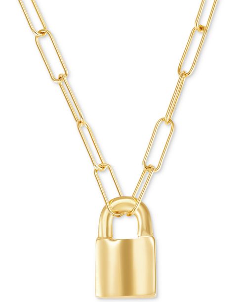 "Padlock Paperclip Link Pendant 18"" Necklace in 14k Gold-Plated Sterling Silver - 14K Yellow Gold Over Silver"