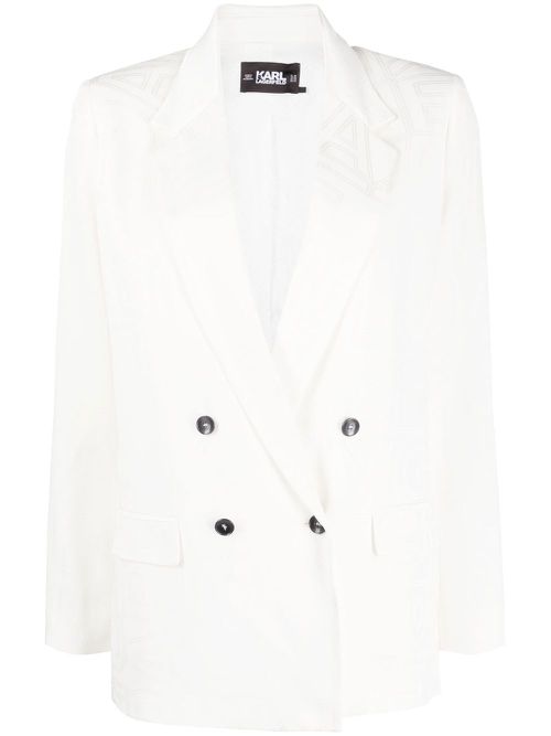 Logo-jacquard double-breasted blazer - White