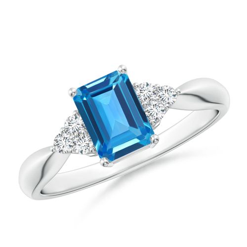 Angara 1.2 Carats Emerald-Cut Swiss Blue Topaz Ring with Trio Diamonds in Platinum