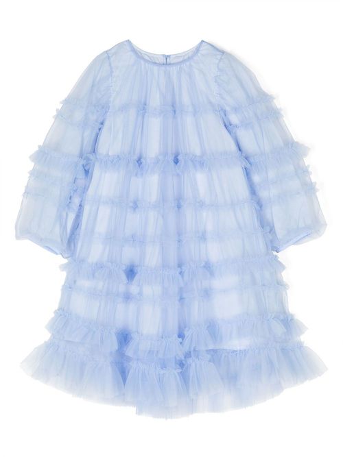 Meshed ruffled long sleeve dress - Blue