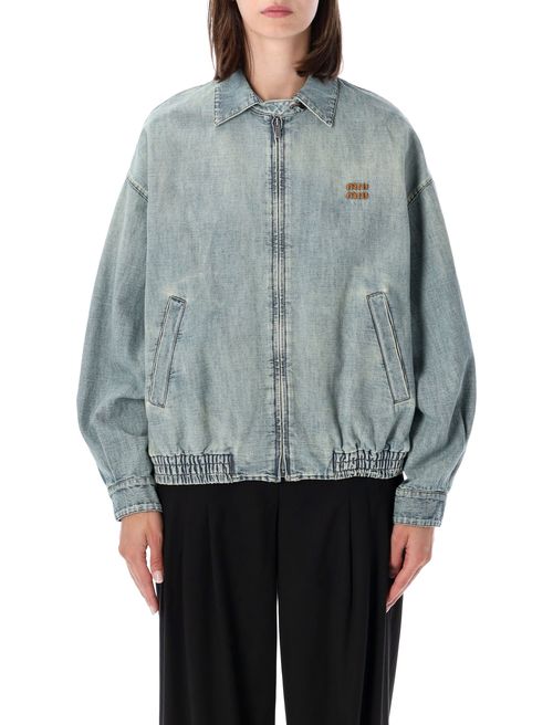 Stonewashed Chambray Oversized Blouson Jacket with Shirt-Style Collar