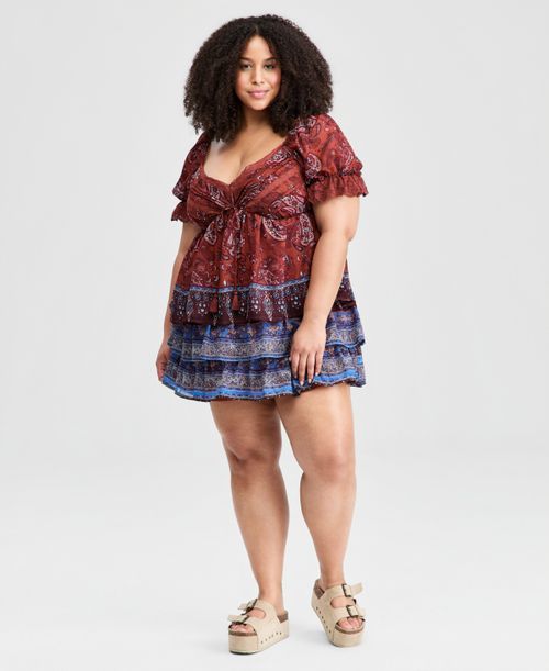 Trendy Plus Size Paisley Tiered Mini Skirt, Macy's Exclusive - Marcella Paisley