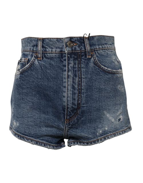 High-Waist Distressed Denim Shorts — Blue