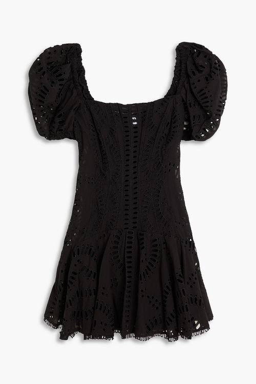 Crochet-trimmed broderie anglaise cotton-blend mini dress - Black - L