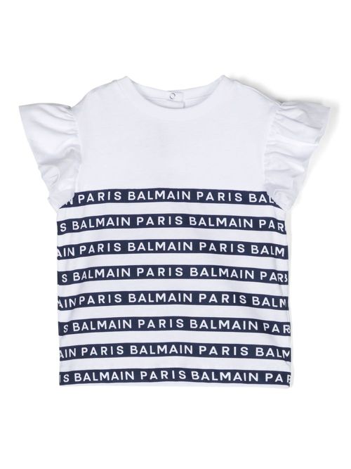 Logo-stripes ruffle-sleeves T-shirt - White