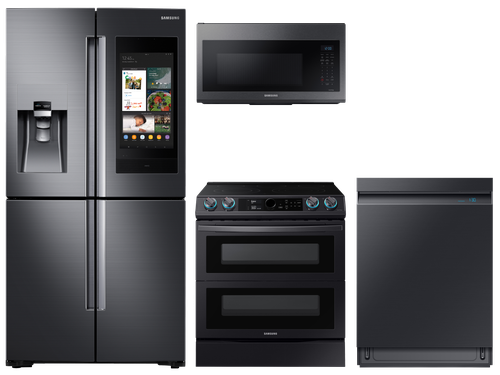 Family Hub™ 4-Door Flex™ Refrigerator + Flex Duo™ Slide-in Electric Range + Linear Wash Dishwasher + Microwave in Black Stainless