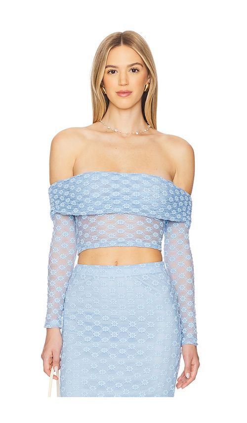 Bardot SCHULTERFREIES TOP ADONI in Baby Blue. Größe 8. Also in 10, 12, 2