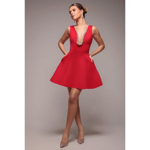 Goddiva Diamante Embellished Neck A-Line Mini Dress - Red
