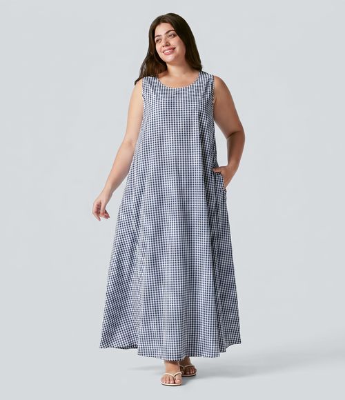 Plus Size Round Neck Sleeveless Midi Crinkle Gingham Casual Tank Dress with Pockets Casual Dress - Dark Blue White Gingham