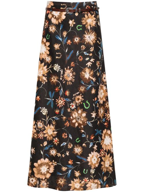 Floral-print linen midi skirt - Black