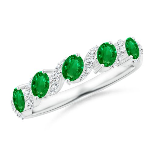 Angara 0.6 Carat Five Stone Oval Emerald Swirl Ring with Diamonds in 14K White Gold