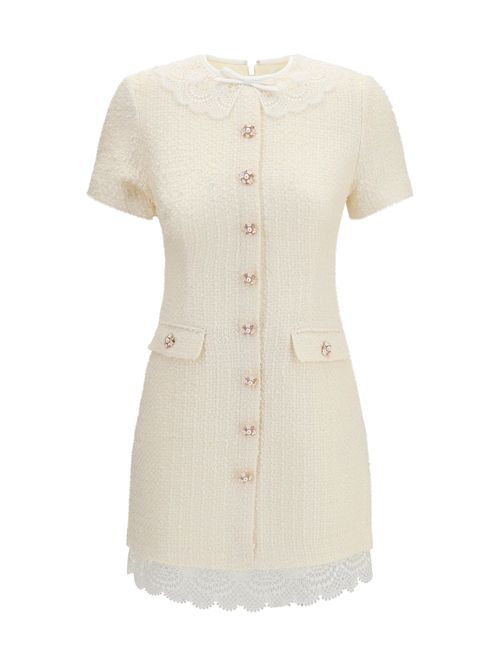 Bouclé Lace Insert Mini Dress — Beige