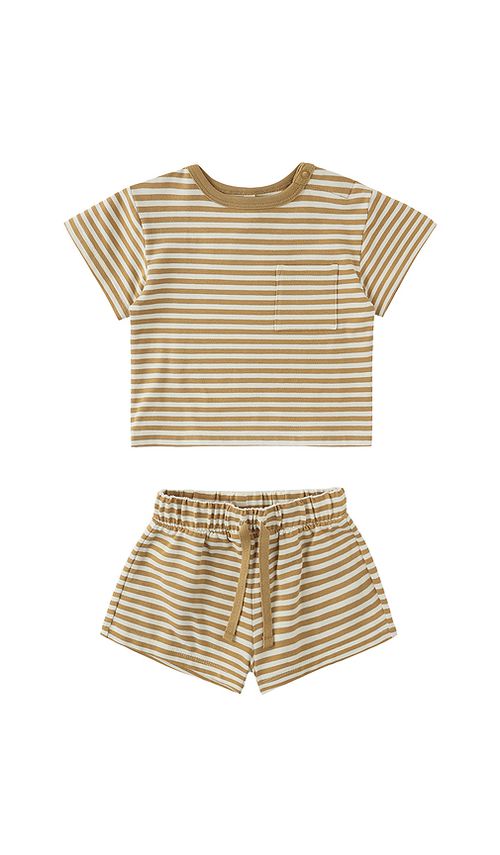 QUINCY MAE Boxy Pocket Tee & Short Set in Honey Stripe. 12-18M also -24M