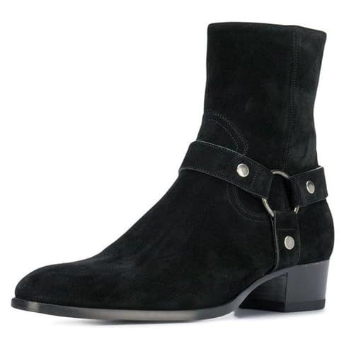 Santimon Men’s Top-Grain Leather Harness Chelsea Boots – Western Cowboy Ankle Boots with Side Zipper