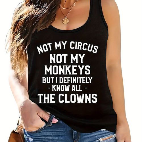 TEMU Women's Plus Casual Sleeveless Round Neck Tank Top With Letter Print - Soft Polyester-spandex Blend, Stretchy & Machine Washable