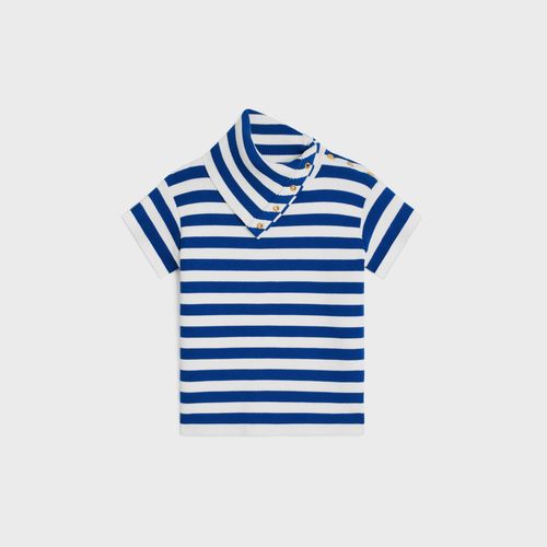 Striped Ribbed Cotton T-shirt — Blue