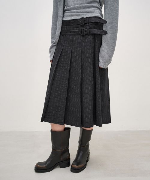 Double-Belted Pleated Skirt STRIPE