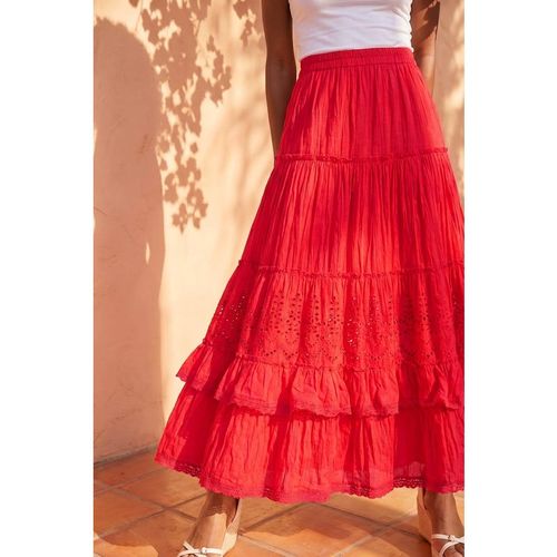 Roman Women's Broderie Tiered Maxi Skirt in Red