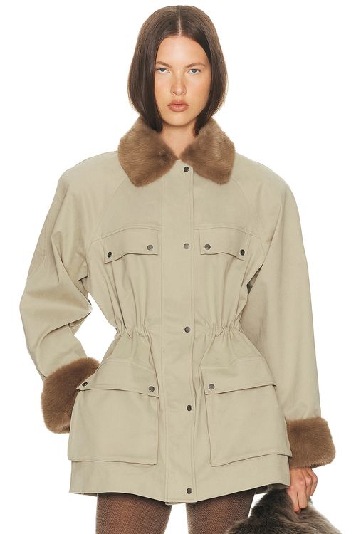 Helsa The Balmoral Jacket With Faux Fur Trim in Khaki - Brown. M also in S