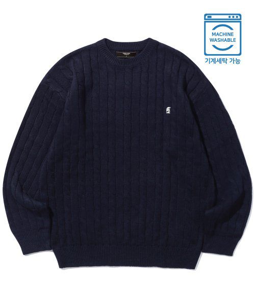 Washable boat embroidery cable crew neck knit