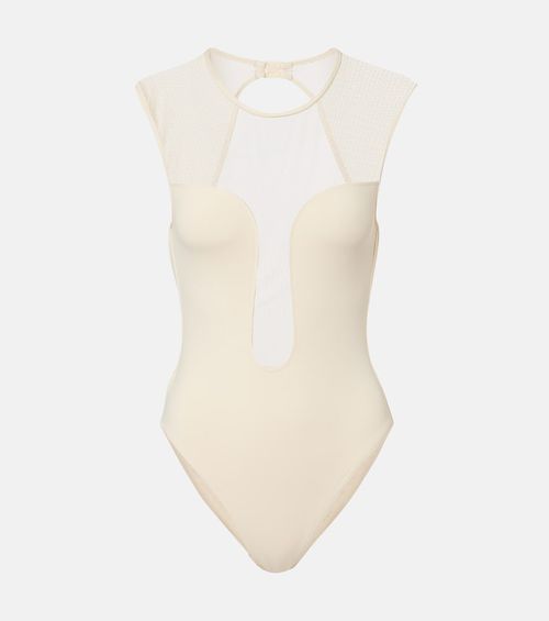 Unique mesh-trimmed jersey bodysuit