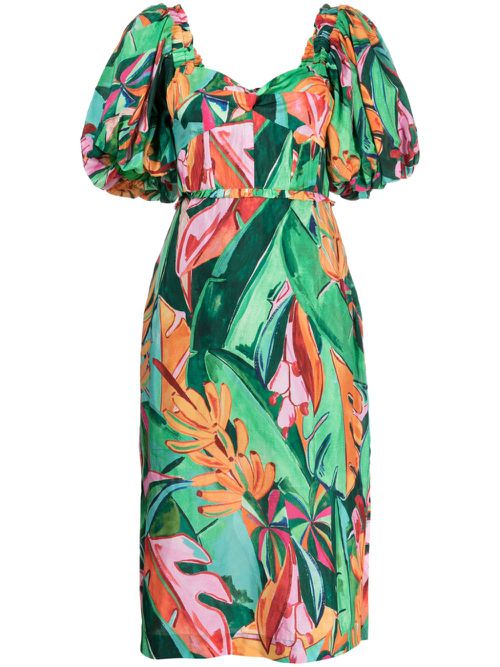 Floral-print puff-sleeve midi dress - Multicolour