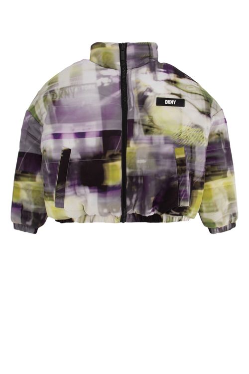 Blurred Abstract Print Puffer Jacket — Purple