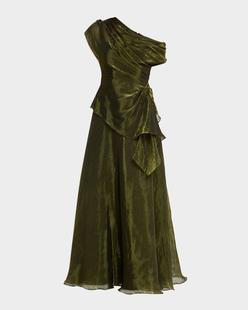 Avalina Draped Organza Lame Peplum Gown
