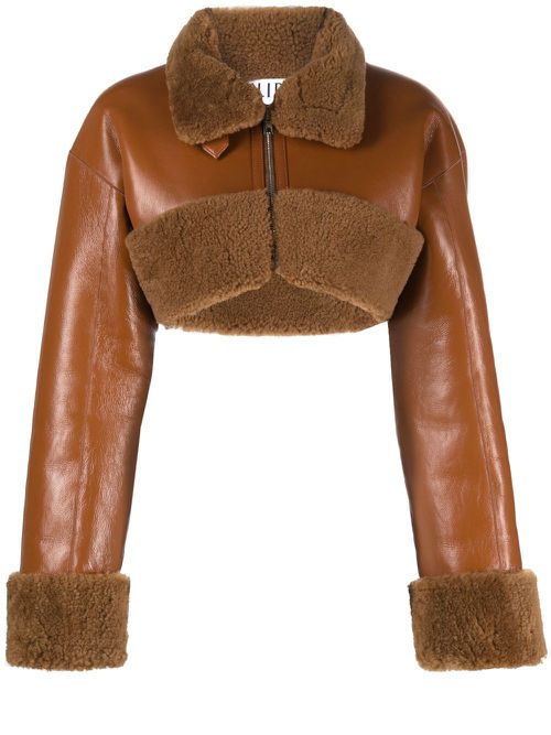 Cropped shearling leather jacket - Brown
