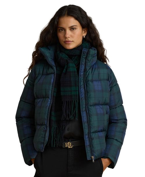 Women's Plaid Insulated Short Puffer Coat - Black Watch