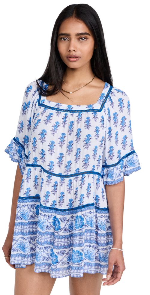Drop Waist Border Print Dress Blue Border Print