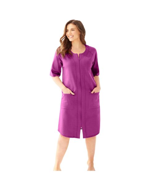 Women's Short French Terry Zip-Front Robe - Rich magenta