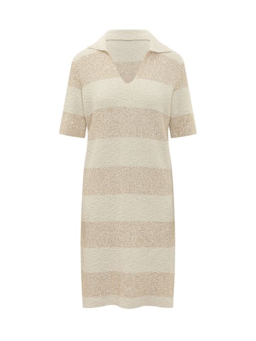 Beige Stripes V Neck Midi Dress