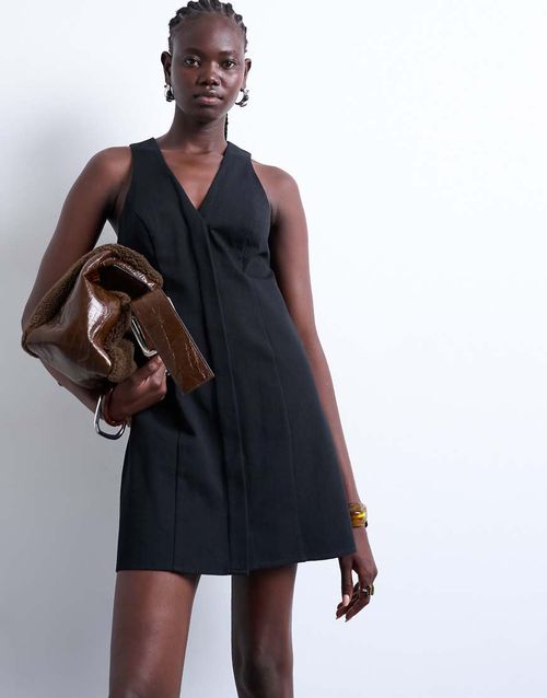 V neck clean placket structured mini dress in black