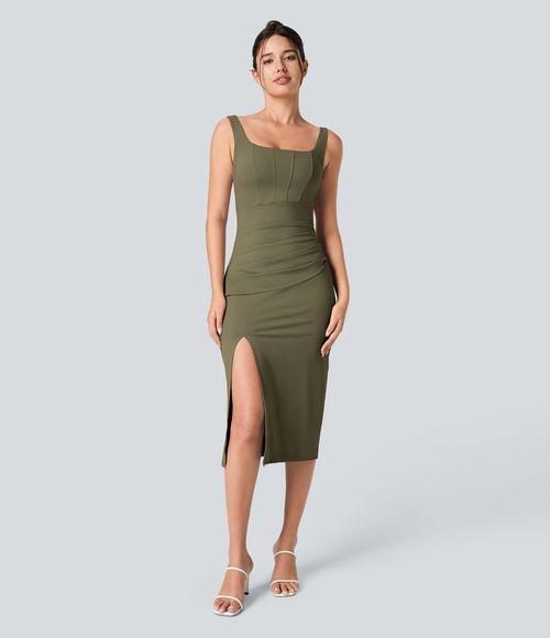 Softlyzero™ Airy Square Neck Backless Corset Ruched Split Bodycon Midi Cool Touch Bridesmaid and Wedding Guest Dress Casual Dress - Withered Green