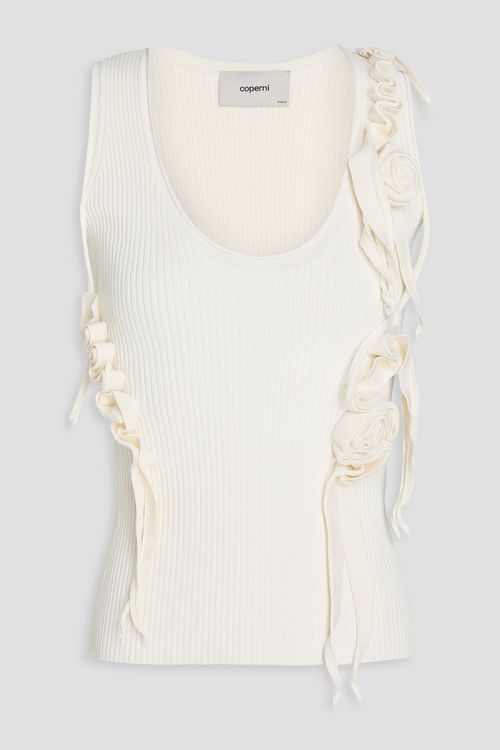 Floral-appliquéd ribbed-knit tank - White - XL