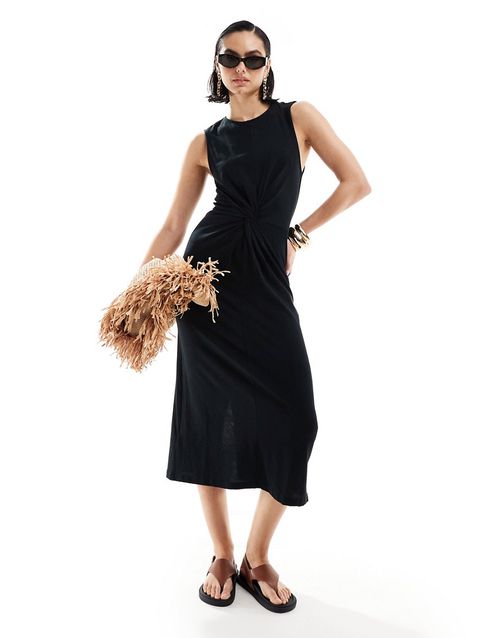 Jersey dress cinched waist in black