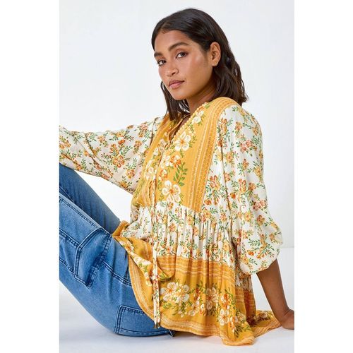 Roman Women's Floral Border Print V-Neck Overshirt in Yellow