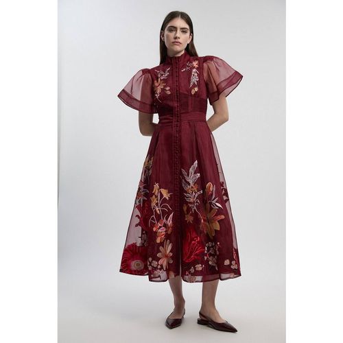 Karen Millen Women's Botanical Embroidery Organdie Angel Sleeve Midi Dress in Purple